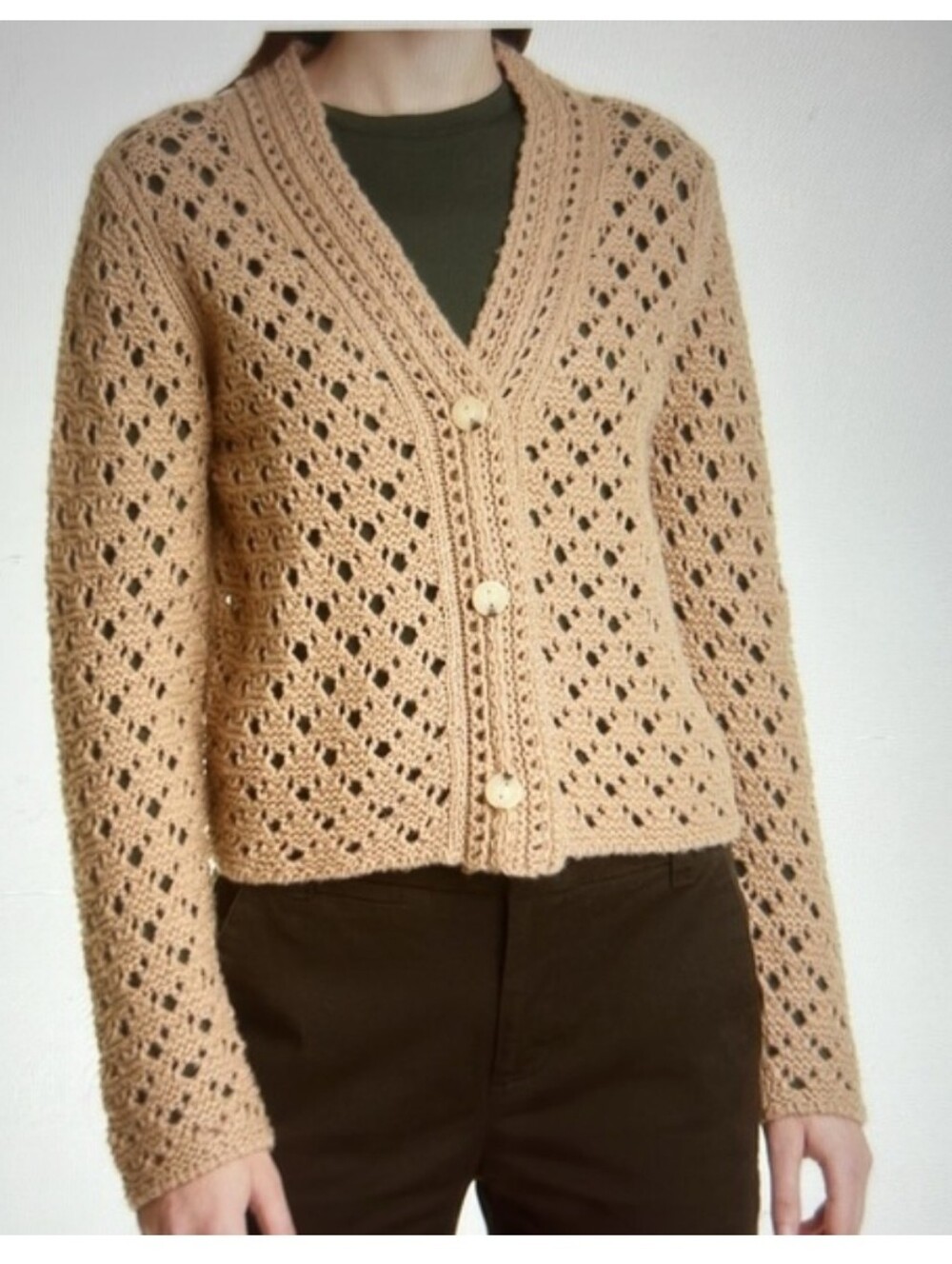 Vince Cream Openwork V-Neck Button Cardigan